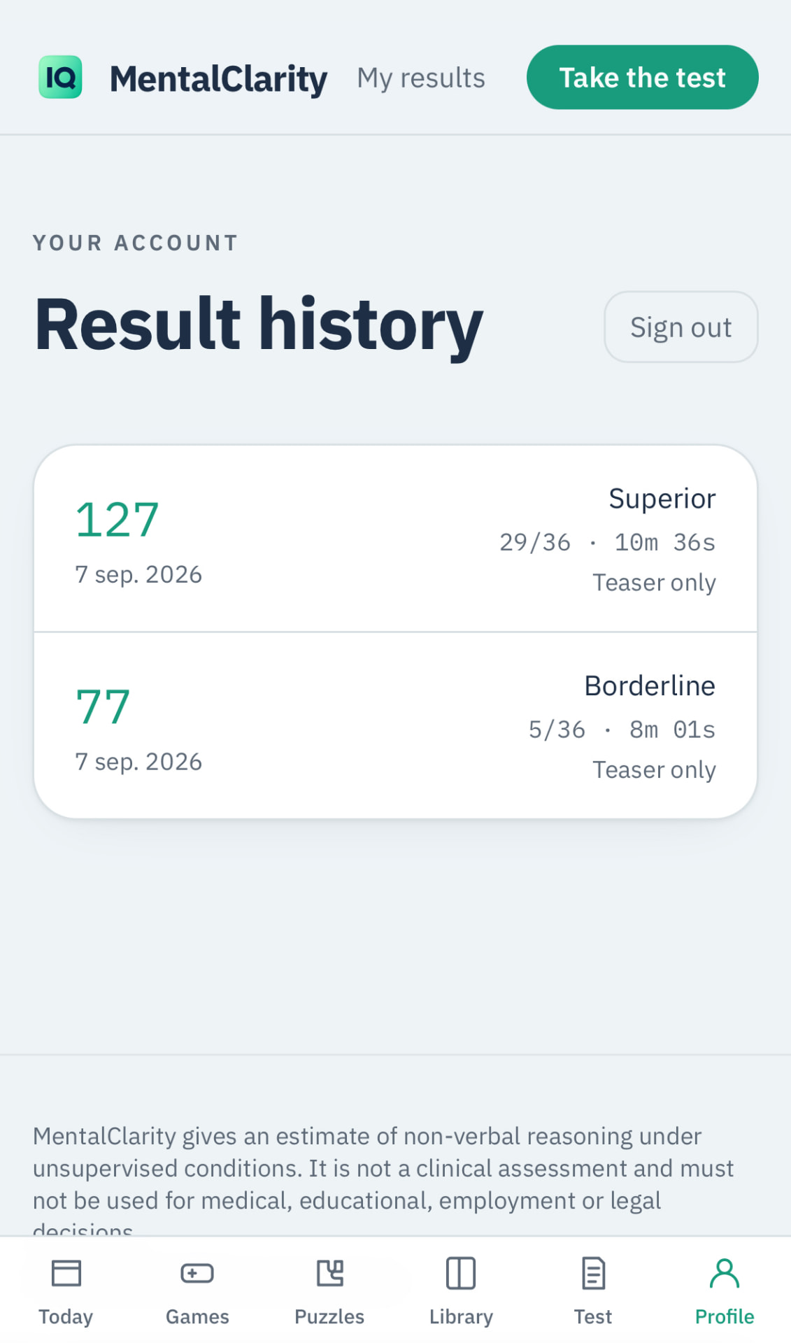 MentalClarity result history with IQ scores and classifications