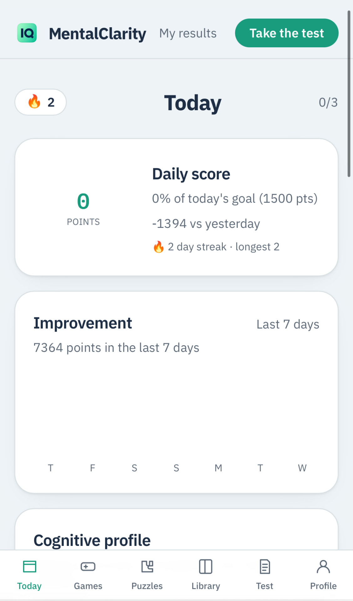 MentalClarity Today dashboard with daily score, streak and improvement chart