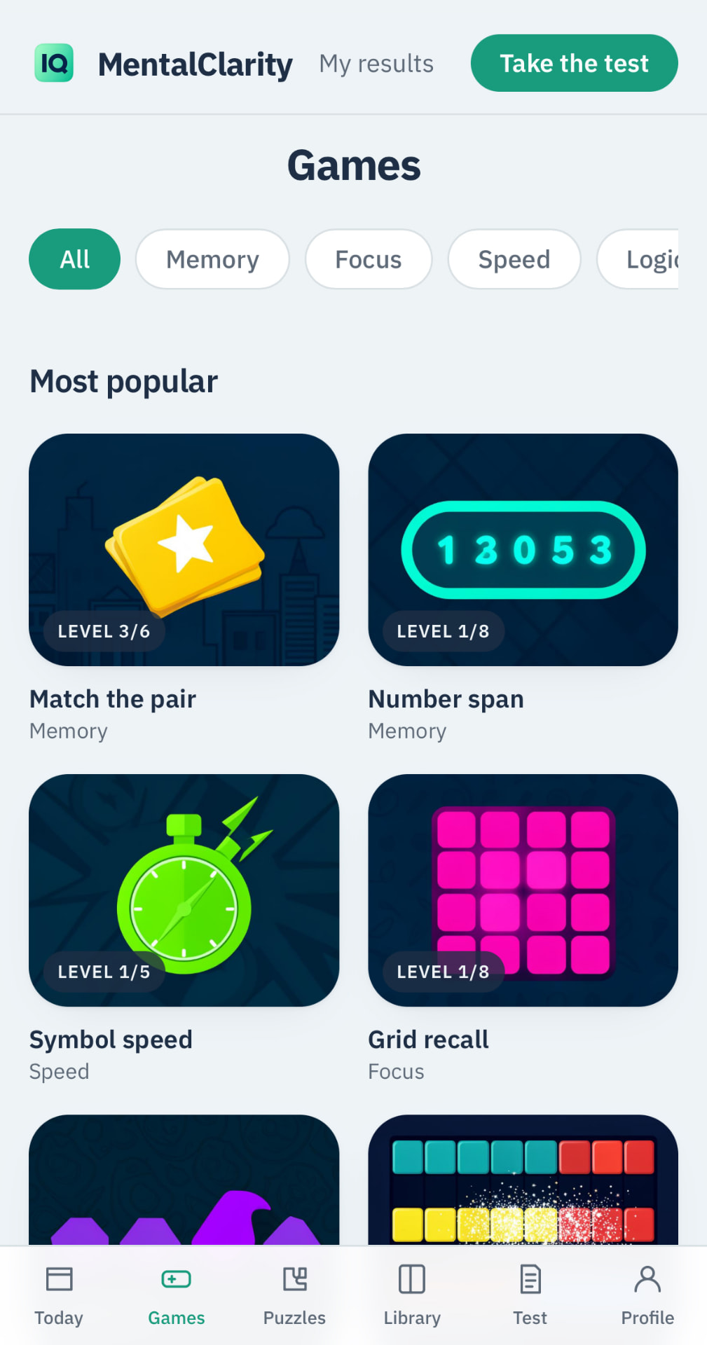 MentalClarity Games page with brain training games like Match the pair and Number span