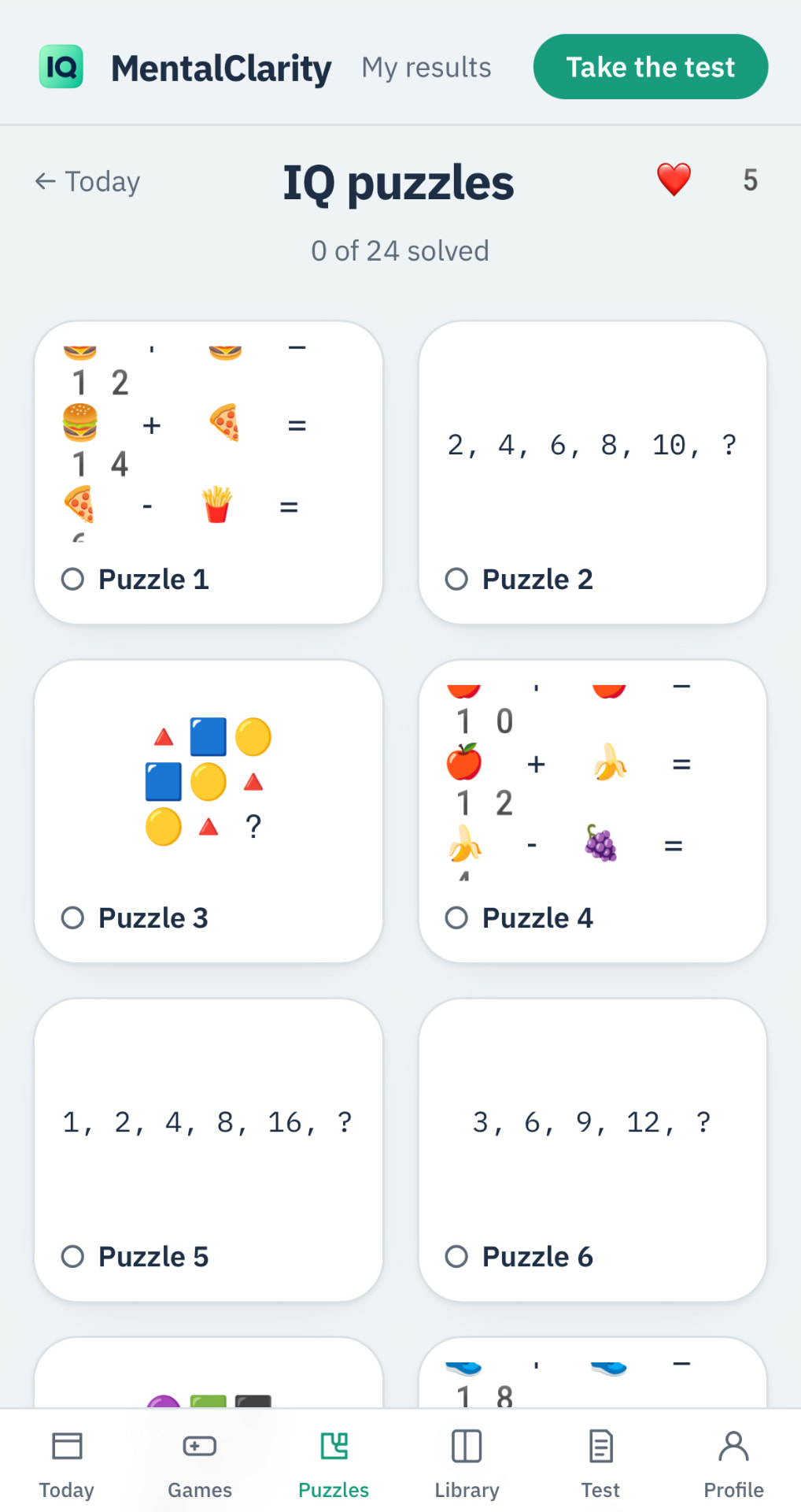 MentalClarity IQ puzzles with daily logic and pattern puzzles