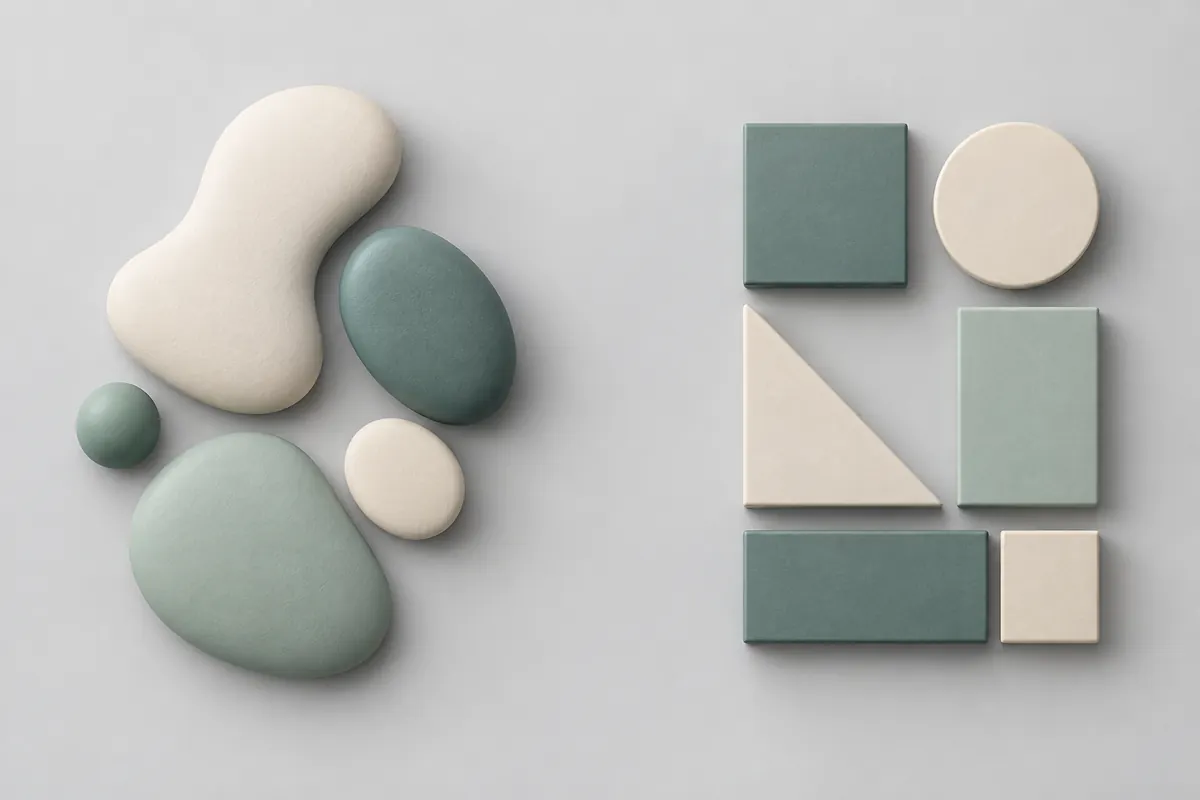 Two separate arrangements of rounded and angular geometric tiles in soft teal-green on light grey.