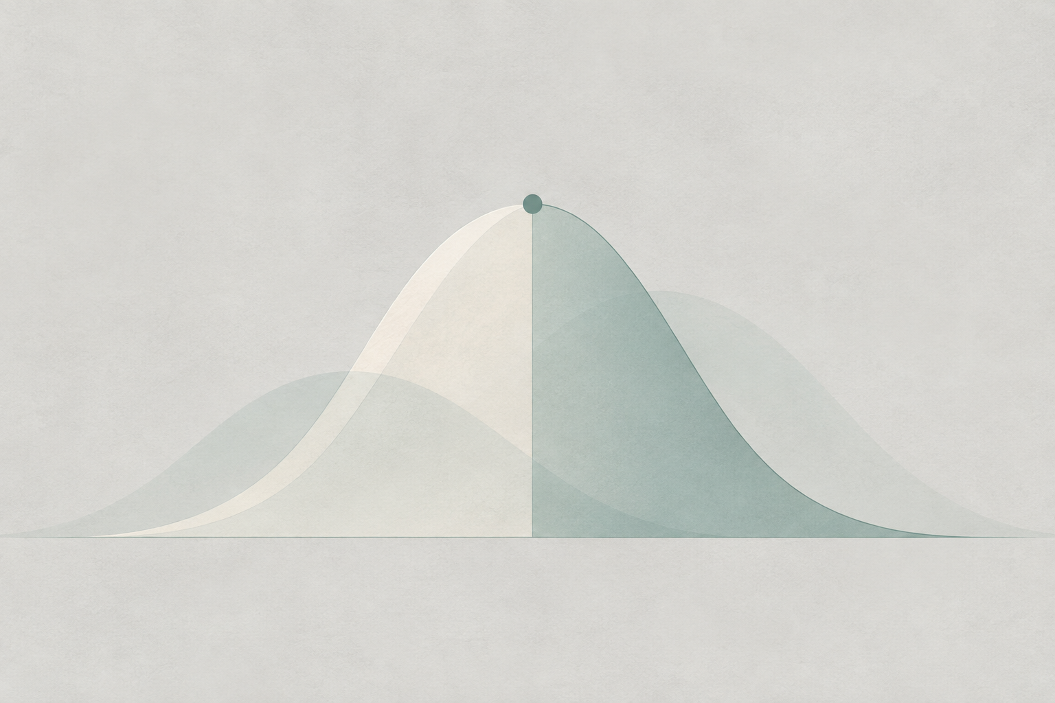 Abstract bell-shaped curve with a teal marker and softly shaded area on a light grey background.