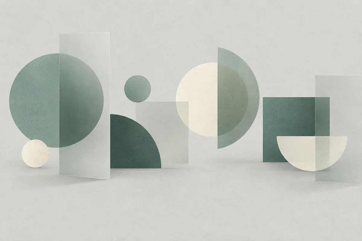 Teal and cream geometric shapes in a loose sequence beneath translucent panels on light grey.