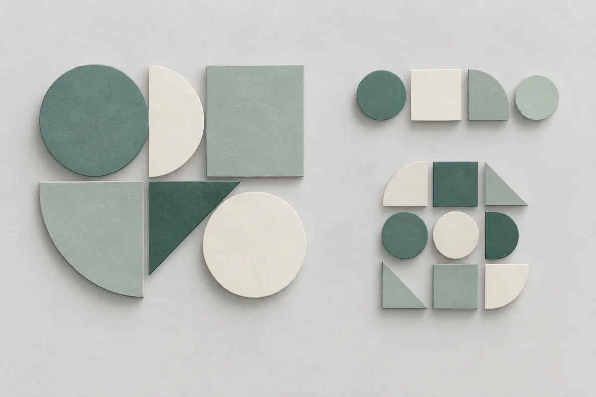 Abstract geometric tile arrangements in pale ivory and soft teal on a light grey background.